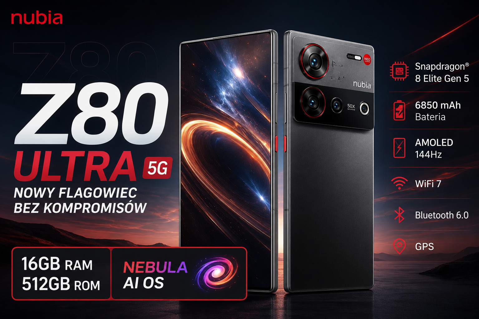 nubia Z80 Ultra — nowy flagowiec z ekranem bez wcięcia, Snapdragonem 8 Elite Gen 5 i baterią 7200 mAh